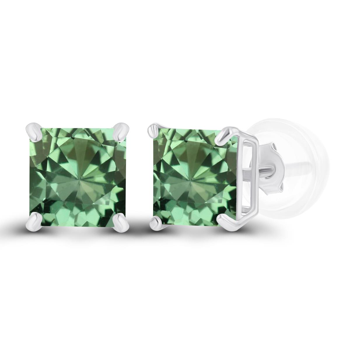Sterling Silver Rhodium 5mm Square Created Green Sapphire Basket Stud Earrings with Silicone Back