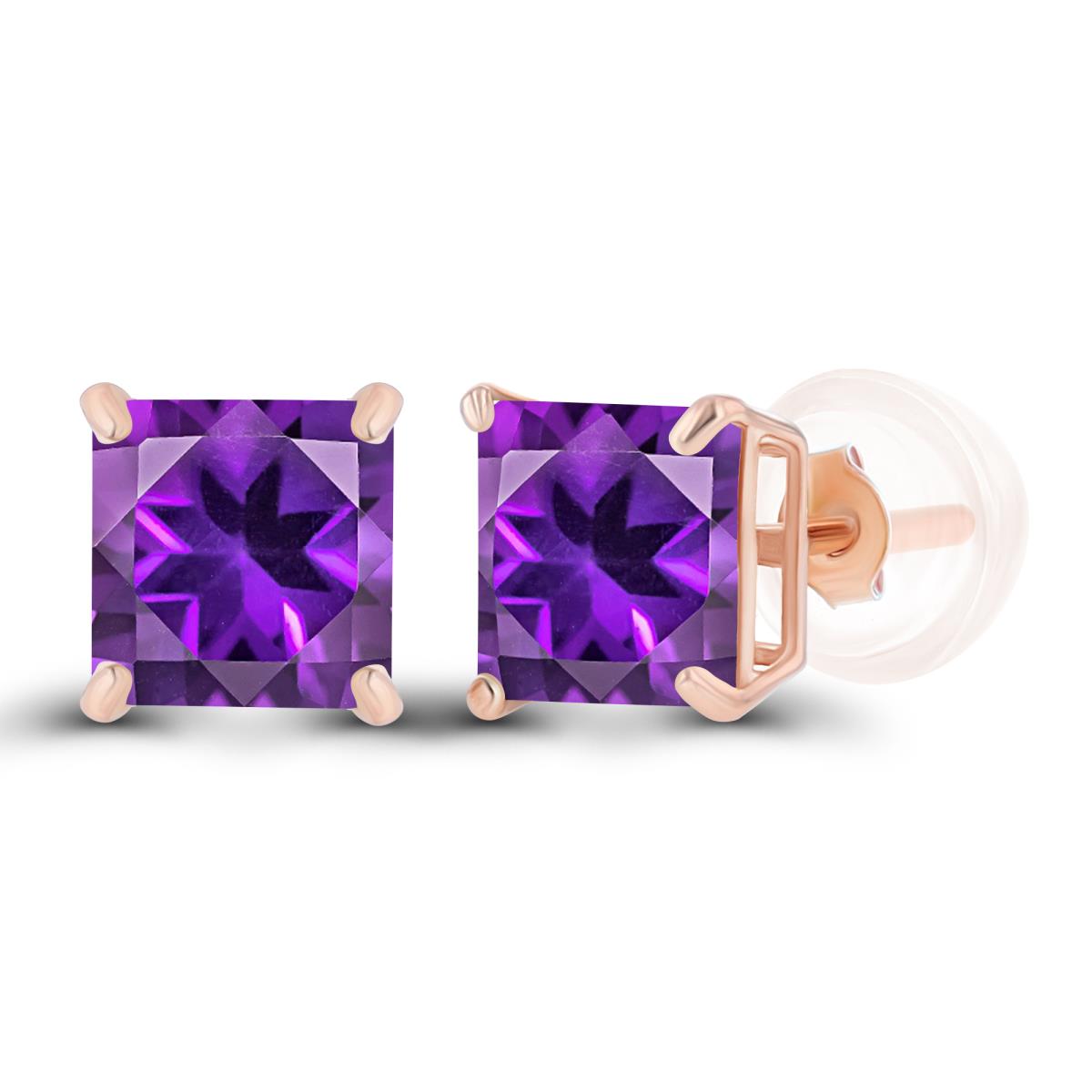 Sterling Silver Rose 5mm Square Amethyst Basket Stud Earrings with Silicone Back