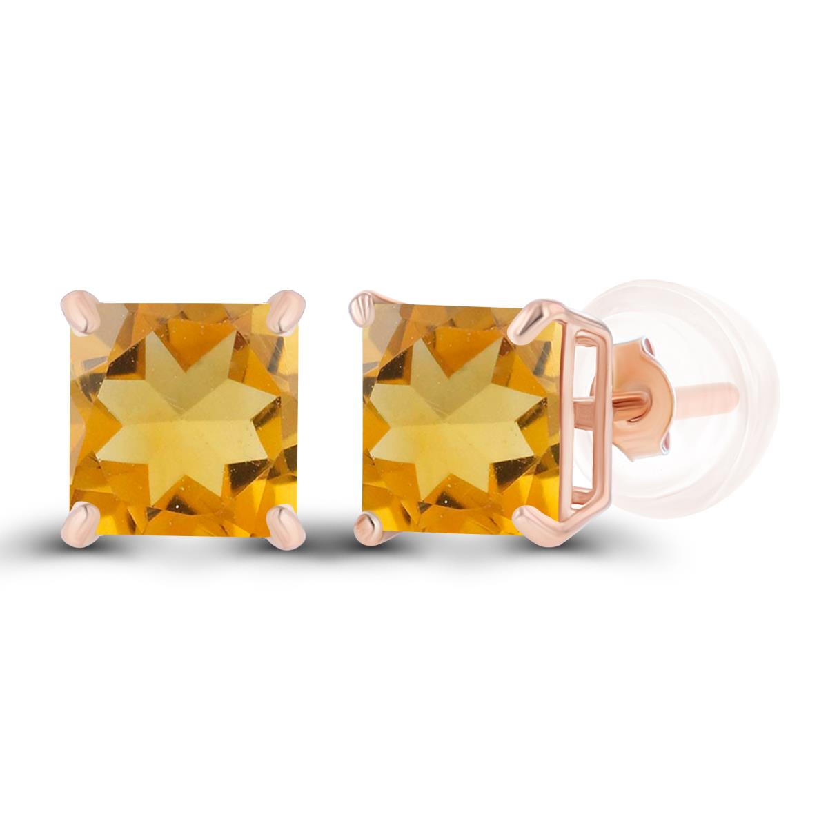 Sterling Silver Rose 5mm Square Citrine Basket Stud Earrings with Silicone Back