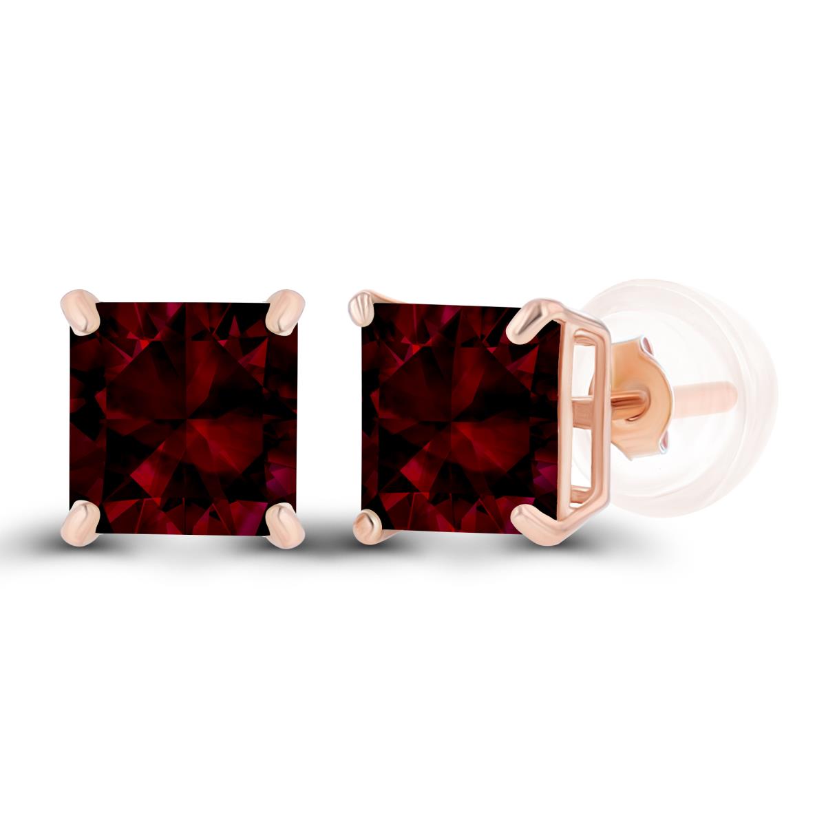 Sterling Silver Rose 5mm Square Garnet Basket Stud Earrings with Silicone Back