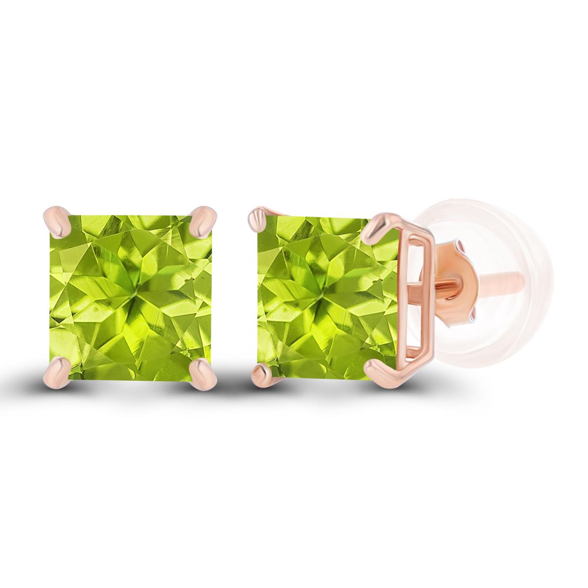 Sterling Silver Rose 5mm Square Peridot Basket Stud Earrings with Silicone Back