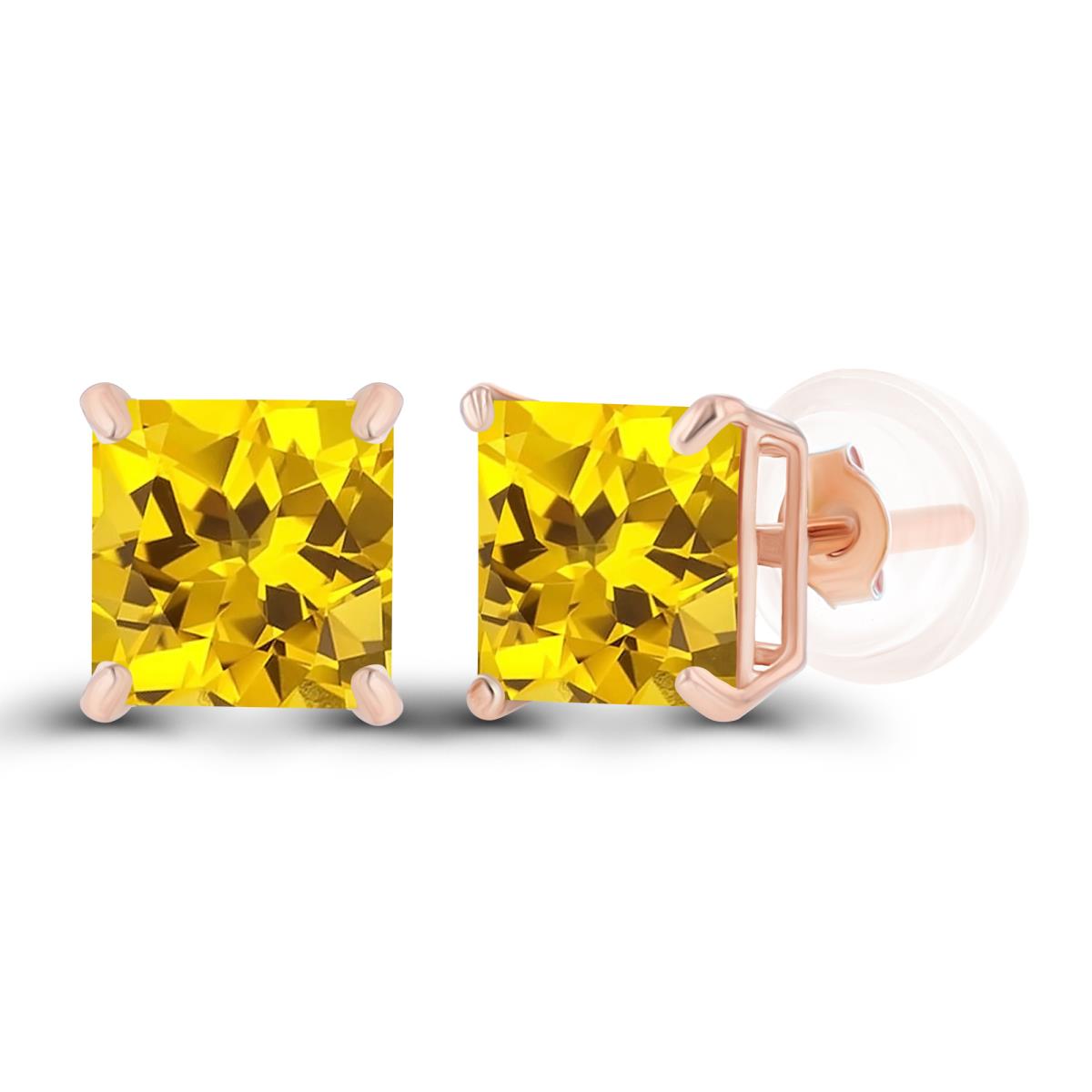Sterling Silver Rose 5mm Square Created Yellow Sapphire Basket Stud Earrings with Silicone Back