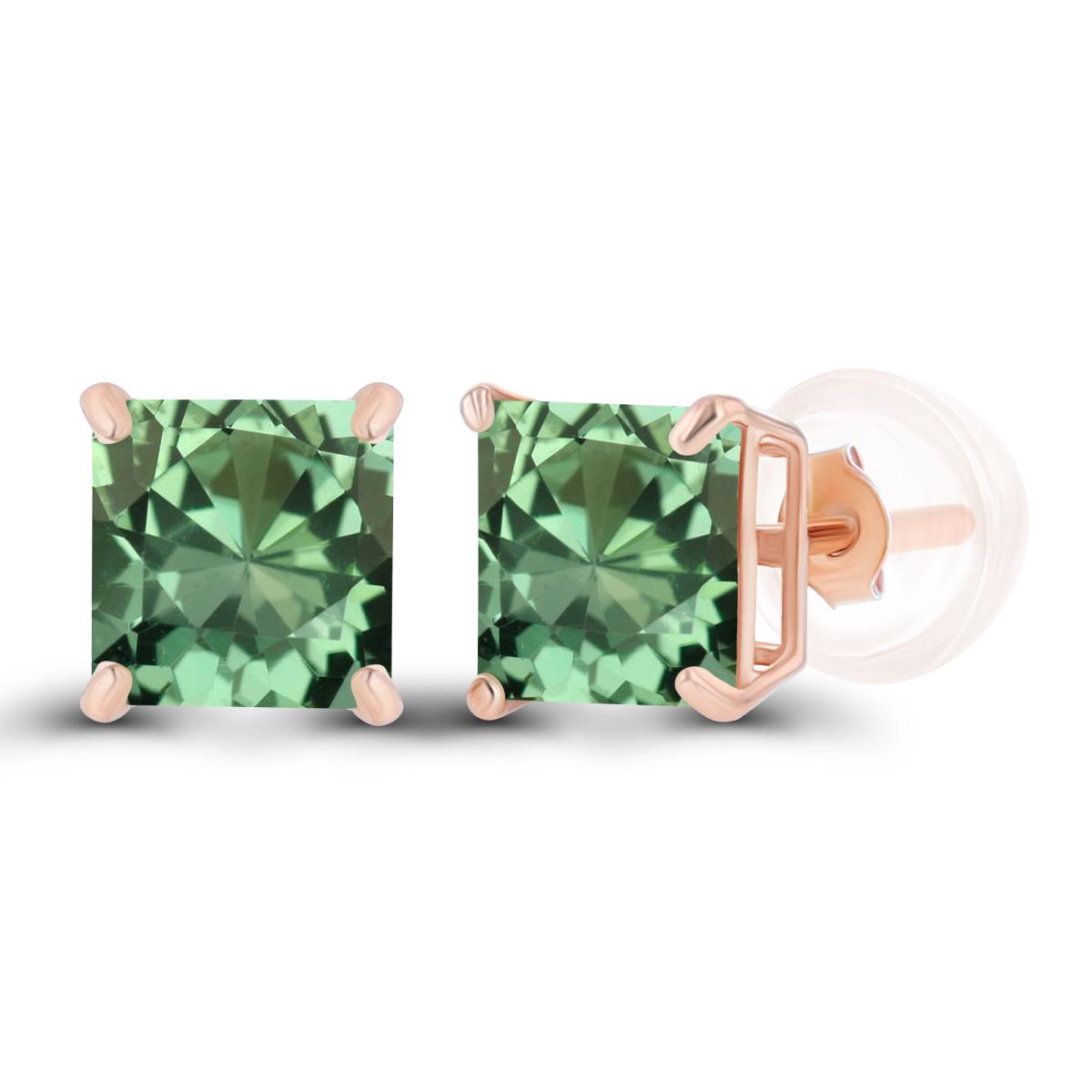 Sterling Silver Rose 5mm Square Created Green Sapphire Basket Stud Earrings with Silicone Back