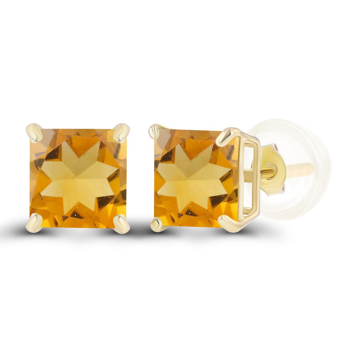 Sterling Silver Yellow 5mm Square Citrine Basket Stud Earrings with Silicone Back