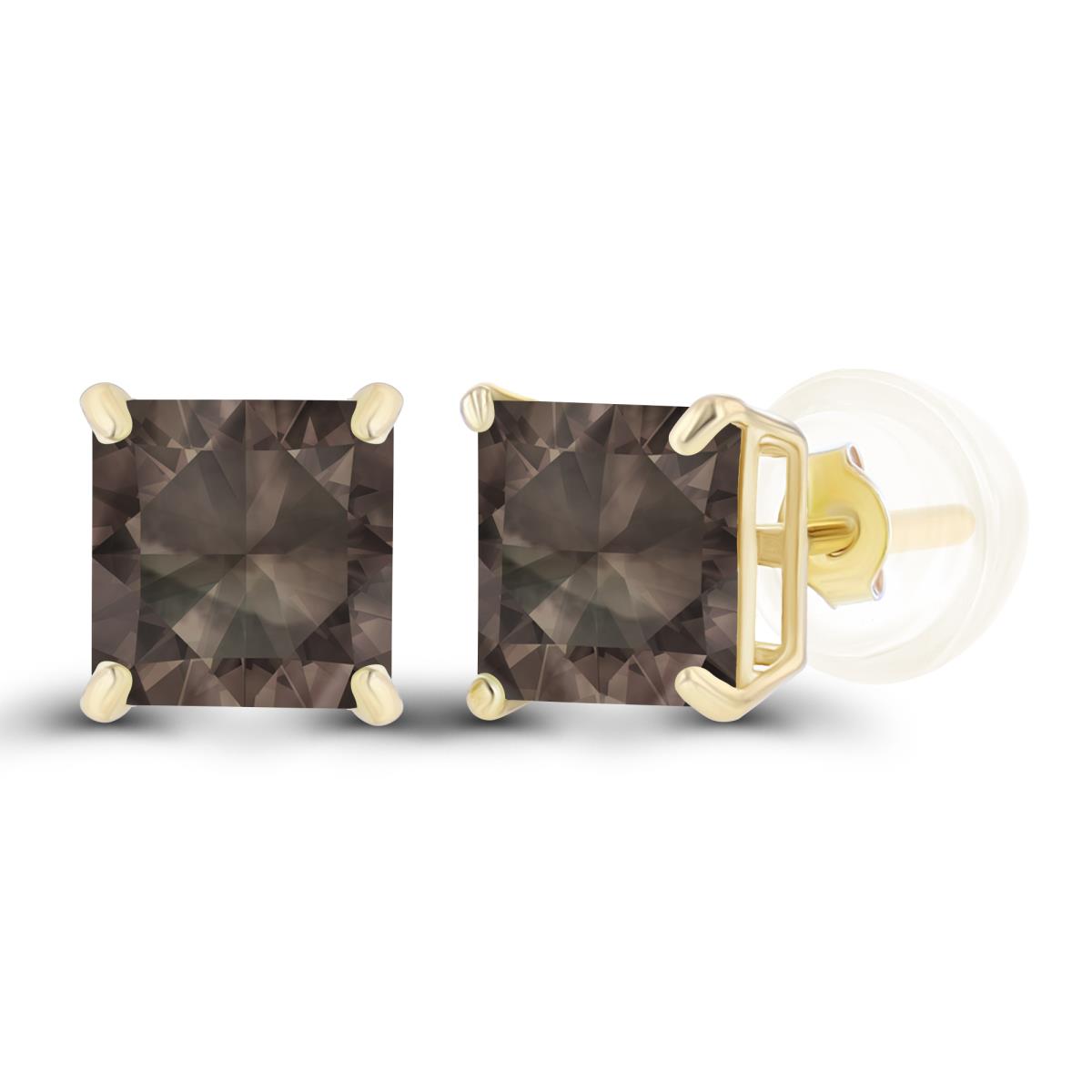 Sterling Silver Yellow 5mm Square Smokey Quartz Basket Stud Earrings with Silicone Back