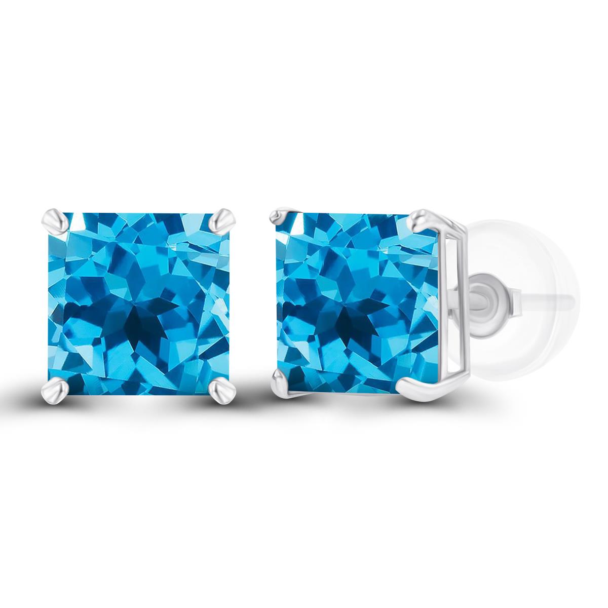 Sterling Silver Rhodium 6mm Square Swiss Blue Topaz Basket Stud Earring with Silicone Back