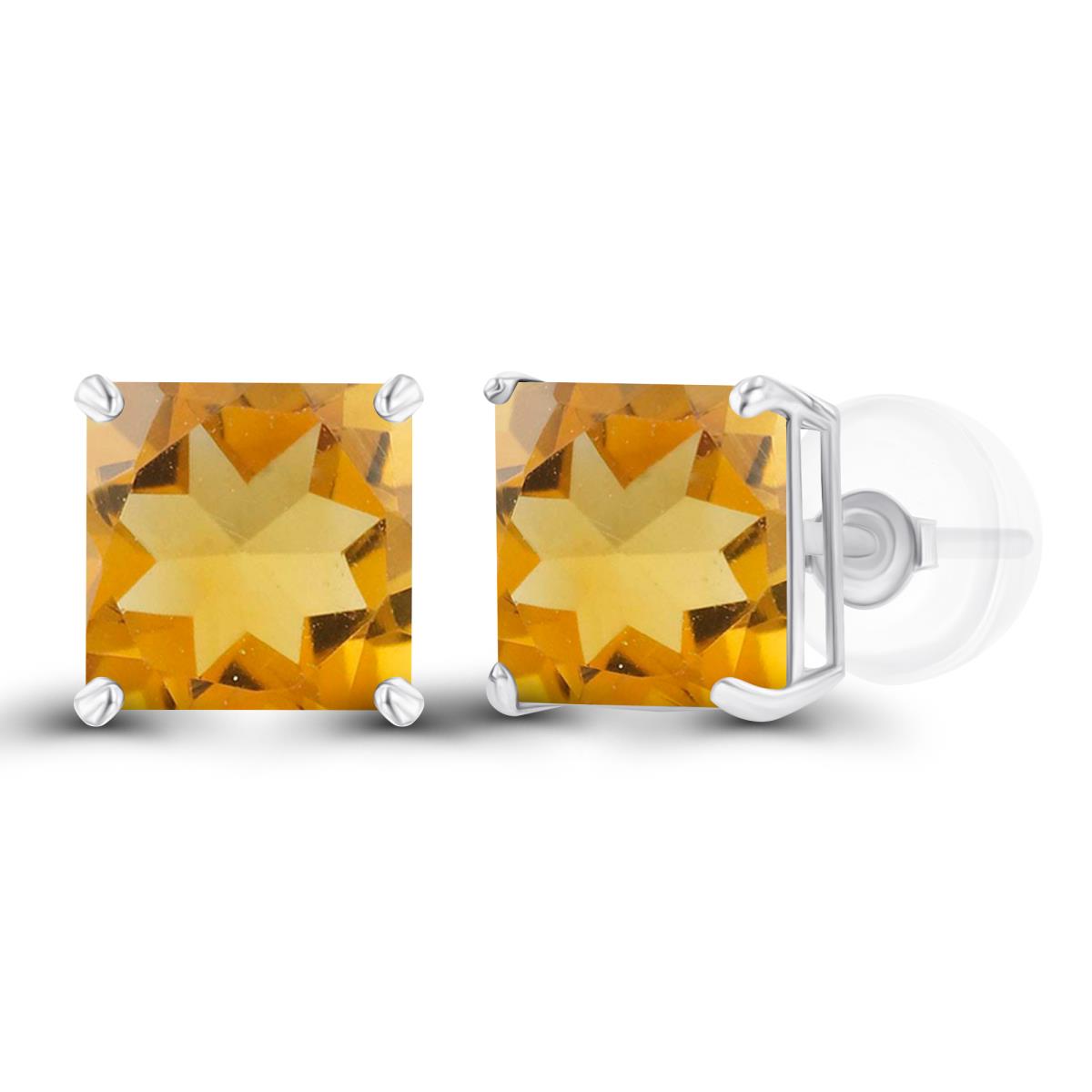 Sterling Silver Rhodium 6mm Square Citrine Basket Stud Earring with Silicone Back