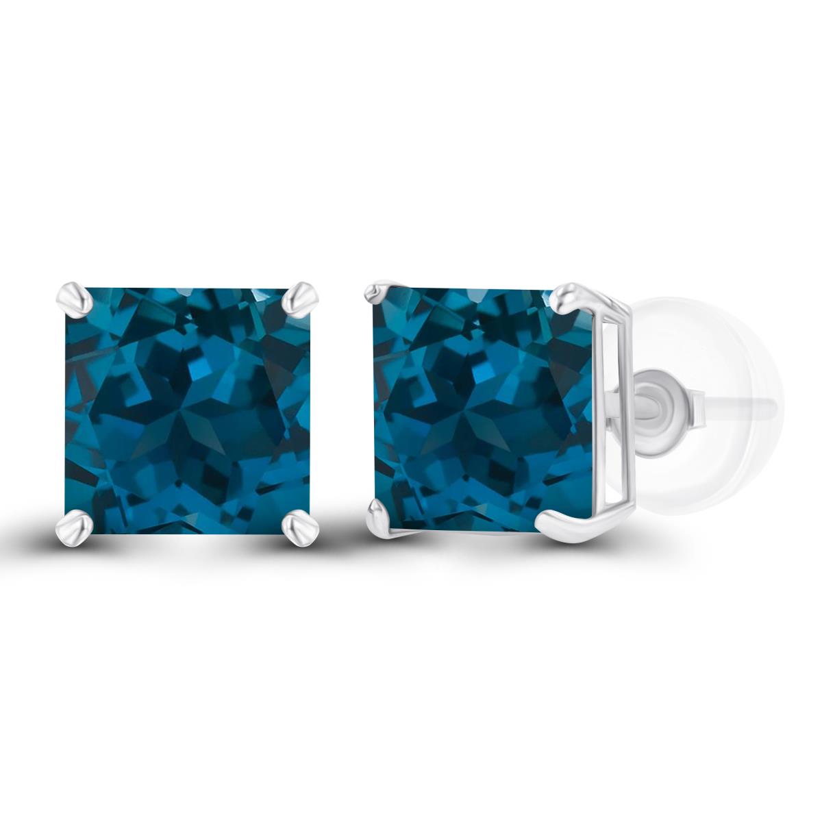 Sterling Silver Rhodium 6mm Square London Blue Topaz Basket Stud Earring with Silicone Back