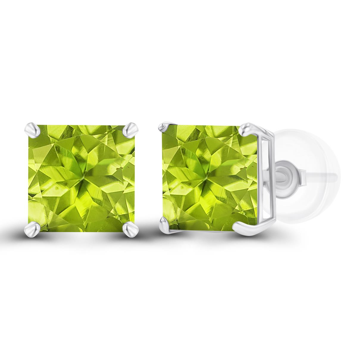 Sterling Silver Rhodium 6mm Square Peridot Basket Stud Earring with Silicone Back