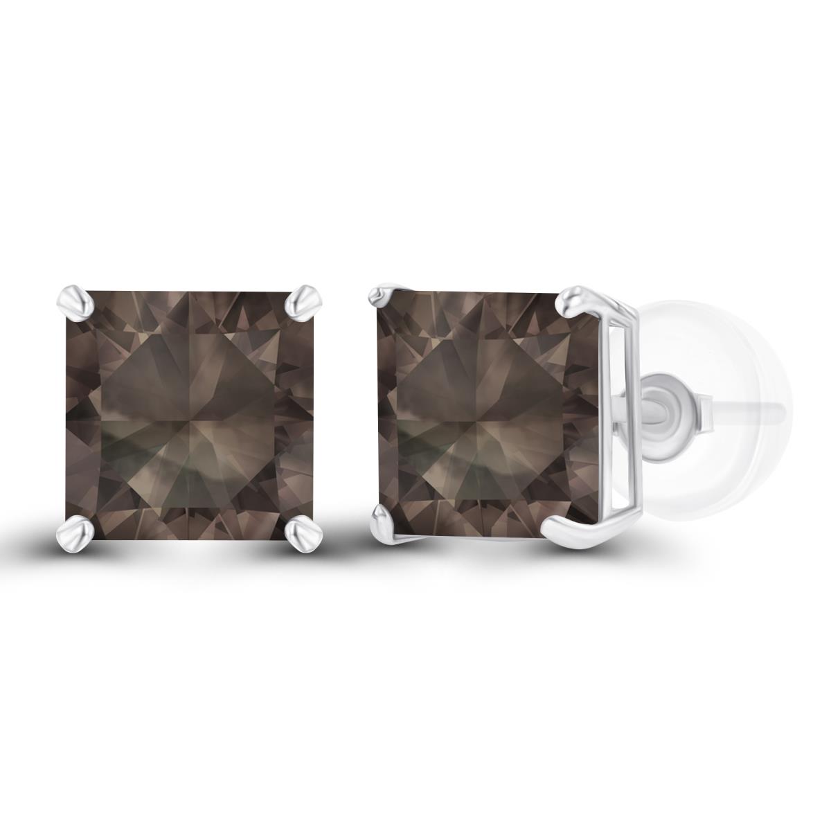 Sterling Silver Rhodium 6mm Square Smokey Quartz Basket Stud Earring with Silicone Back