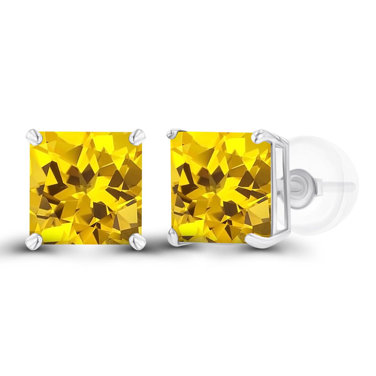 Sterling Silver Rhodium 6mm Square Created Yellow Sapphire Basket Stud Earring with Silicone Back