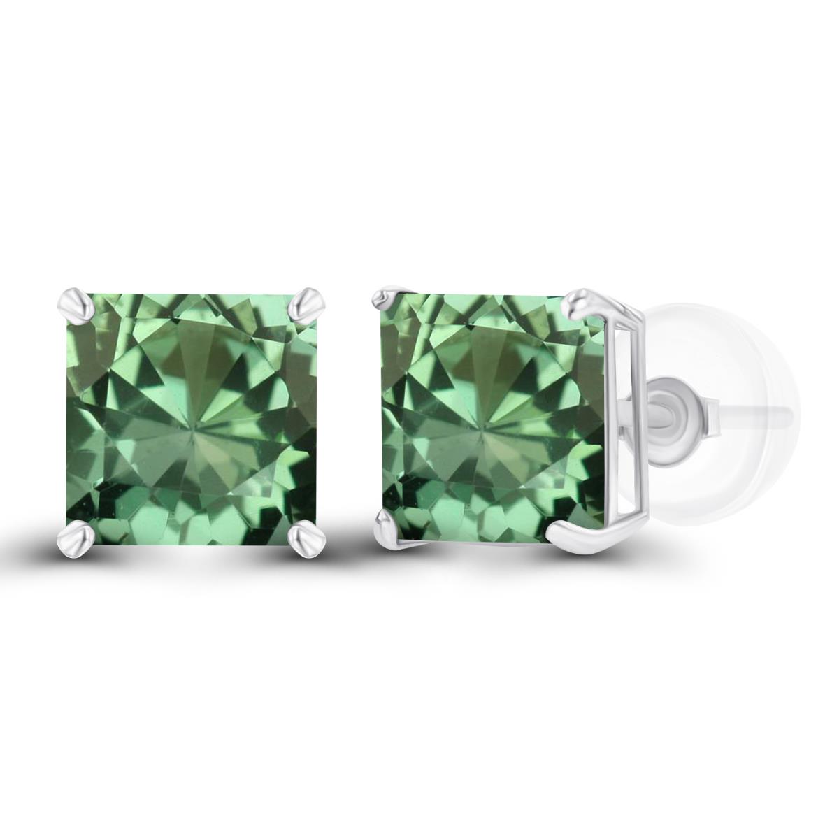 Sterling Silver Rhodium 6mm Square Created Green Sapphire Basket Stud Earring with Silicone Back