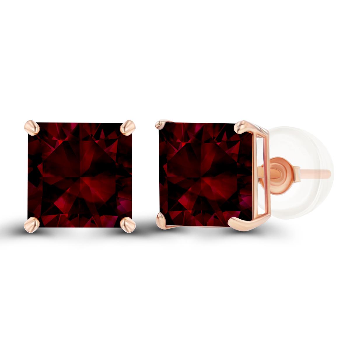 Sterling Silver Rose 6mm Square Garnet Basket Stud Earring with Silicone Back