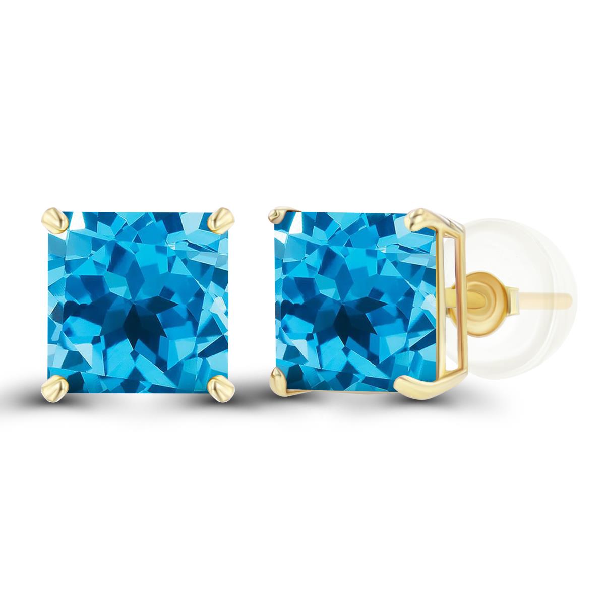 Sterling Silver Yellow 6mm Square Swiss Blue Topaz Basket Stud Earring with Silicone Back