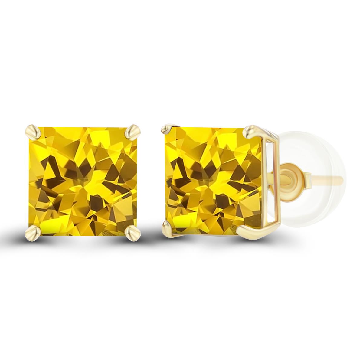 Sterling Silver Yellow 6mm Square Created Yellow Sapphire Basket Stud Earring with Silicone Back
