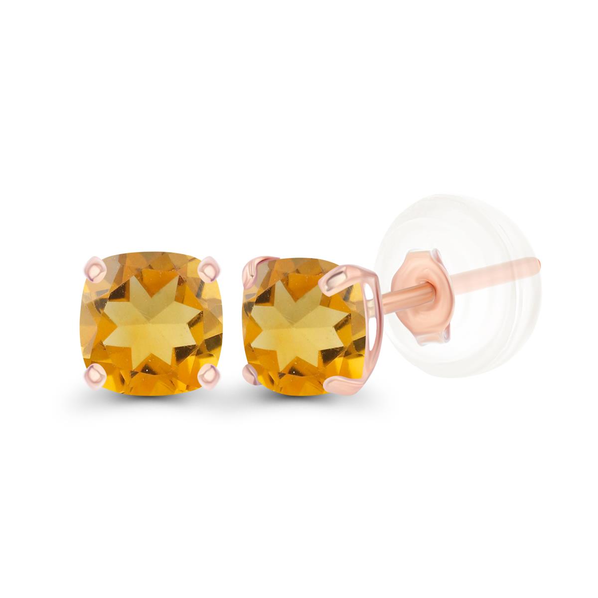 Sterling Silver Rose 4mm Cushion Citrine Basket Stud Earrings with Silicone Backs