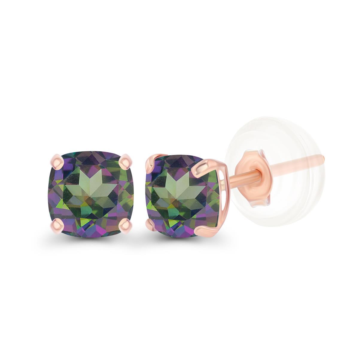 Sterling Silver Rose 4mm Cushion Mystic Green Quartz Basket Stud Earrings with Silicone Backs