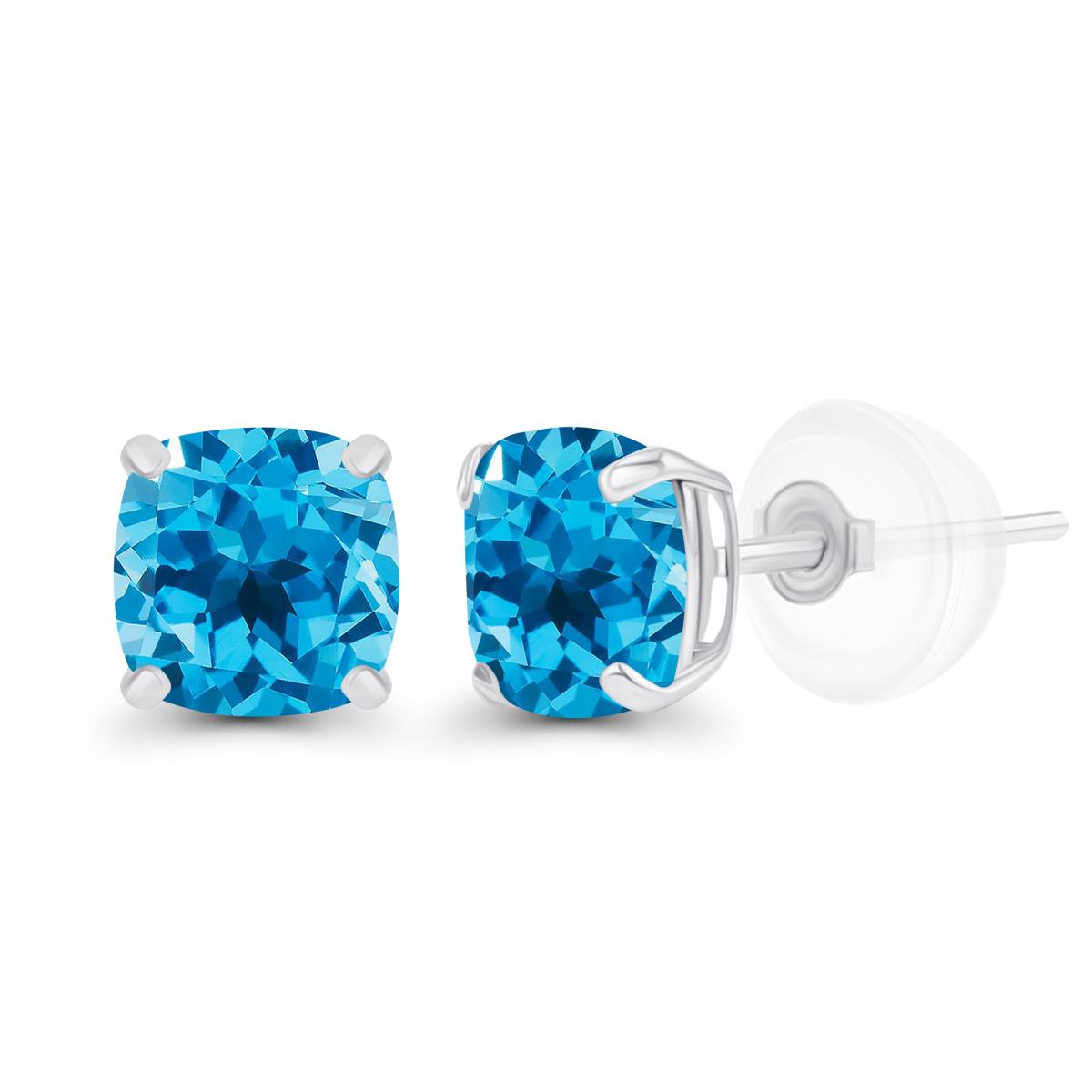 Sterling Silver Rhodium 5mm Cushion Swiss Blue Topaz Basket Stud Earrings with Silicone Backs