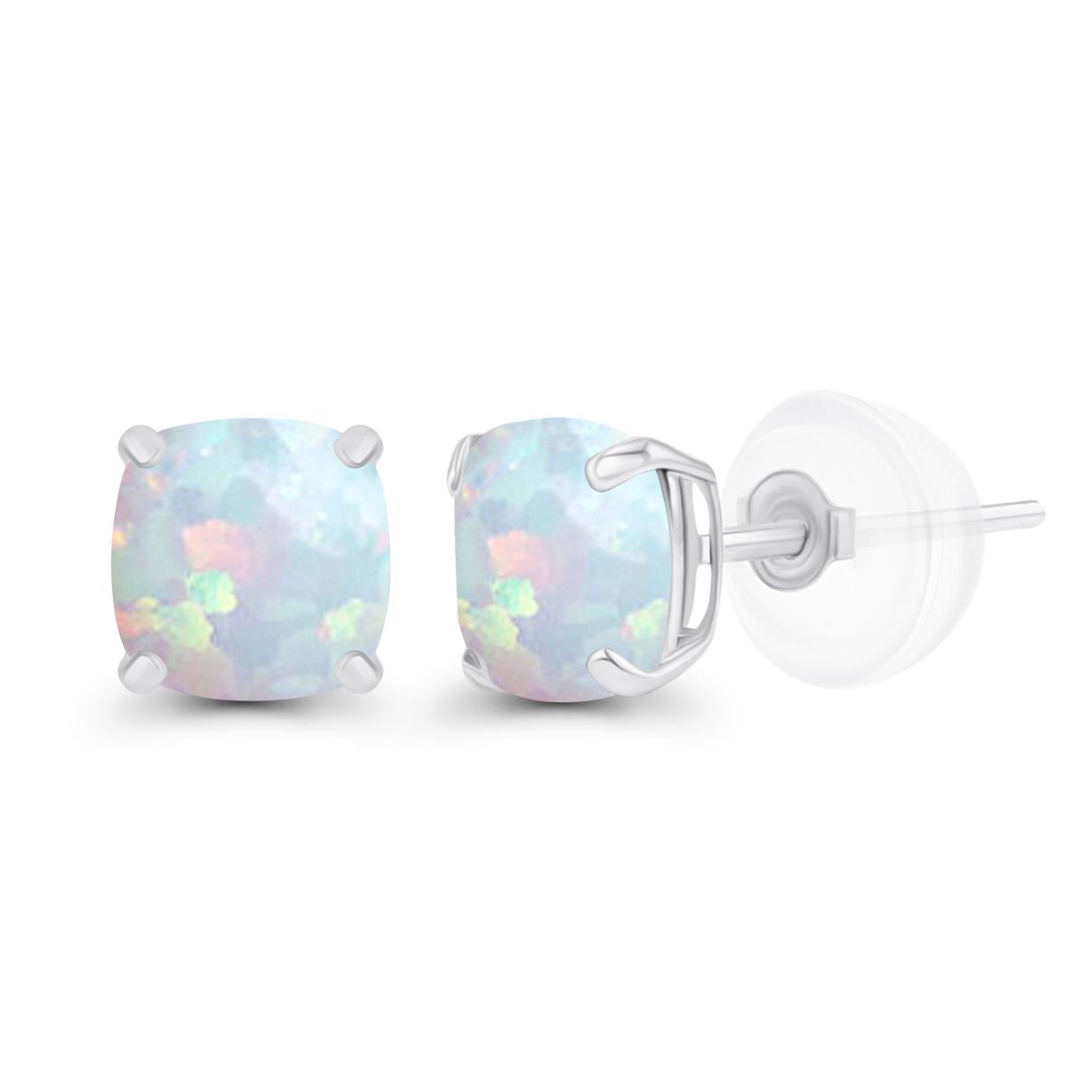 Sterling Silver Rhodium 5mm Cushion Created Opal Basket Stud Earrings with Silicone Backs