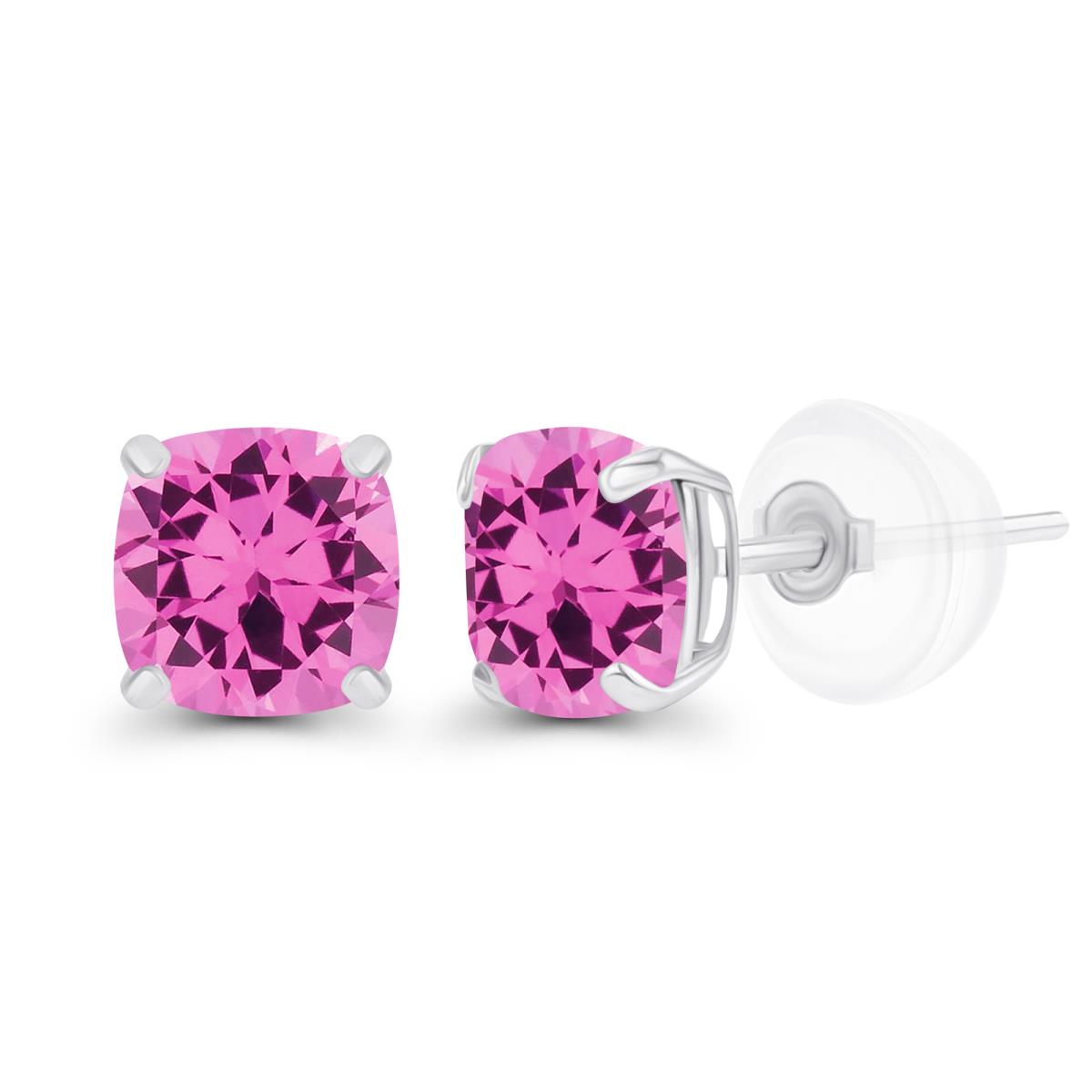 Sterling Silver Rhodium 5mm Cushion Created Pink Sapphire Basket Stud Earrings with Silicone Backs