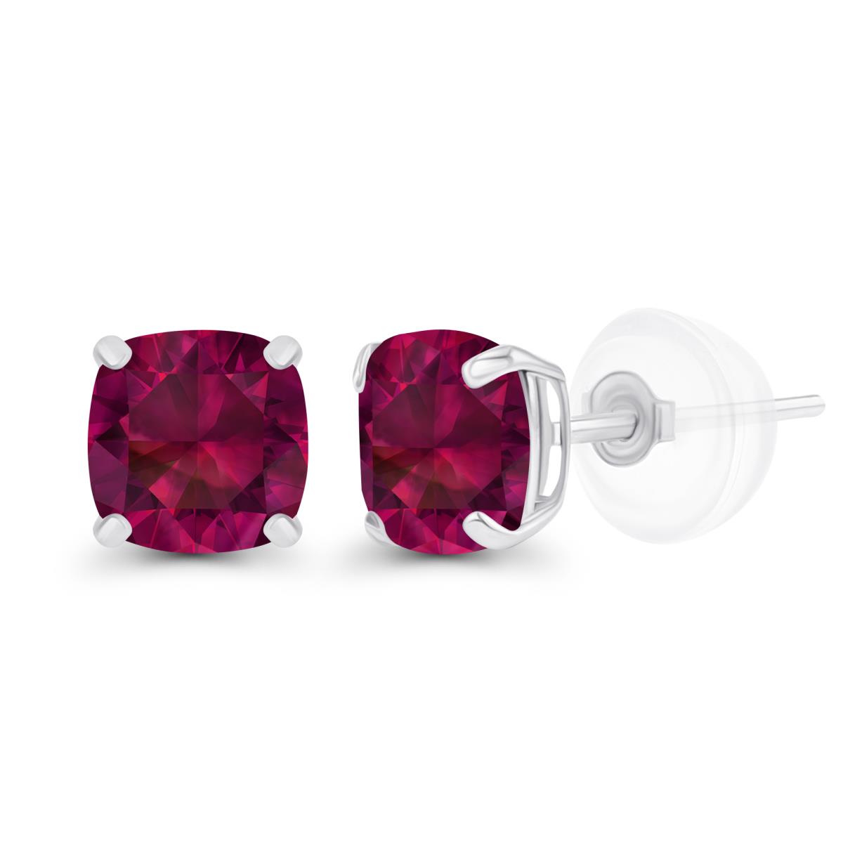 Sterling Silver Rhodium 5mm Cushion Created Ruby Basket Stud Earrings with Silicone Backs