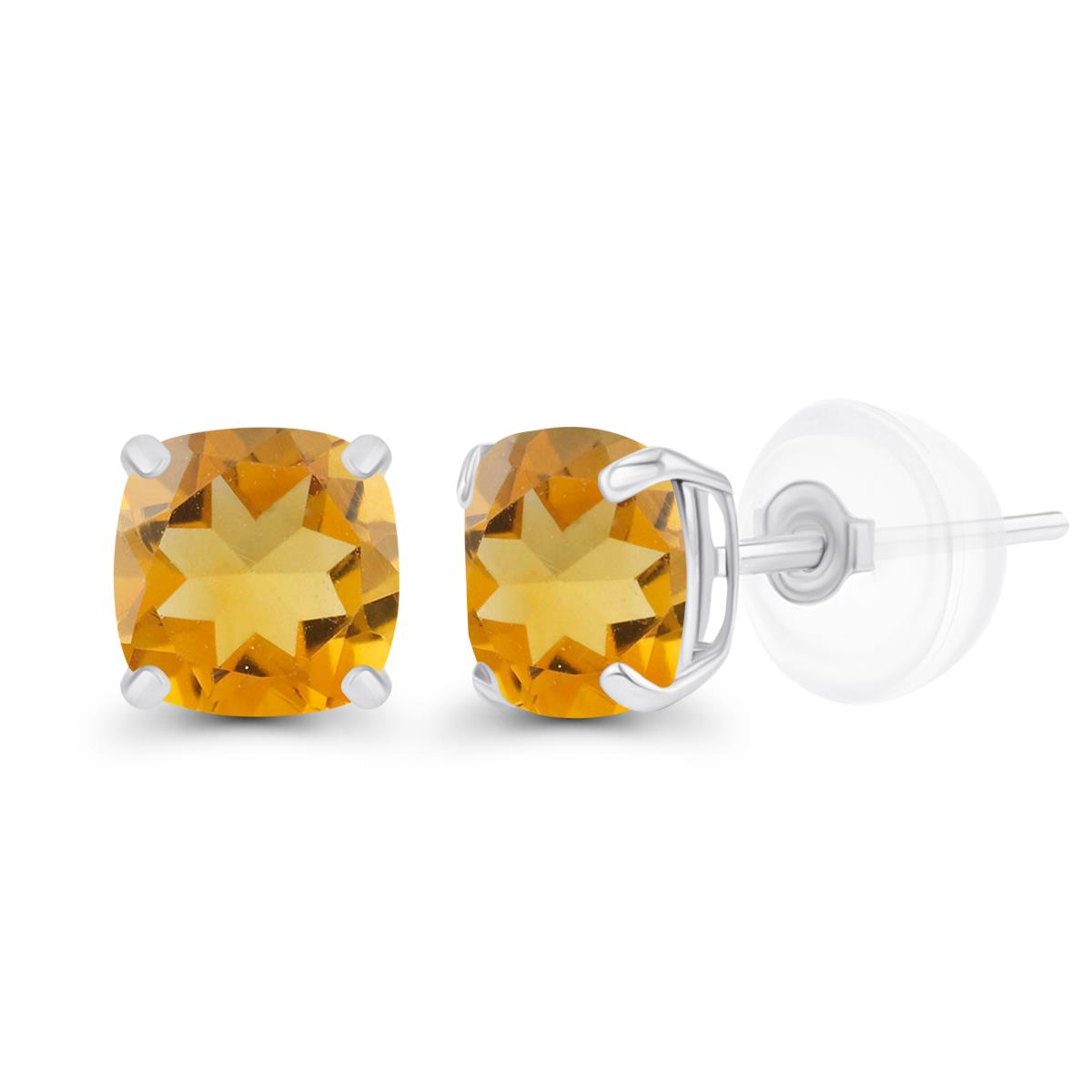 Sterling Silver Rhodium 5mm Cushion Citrine Basket Stud Earrings with Silicone Backs