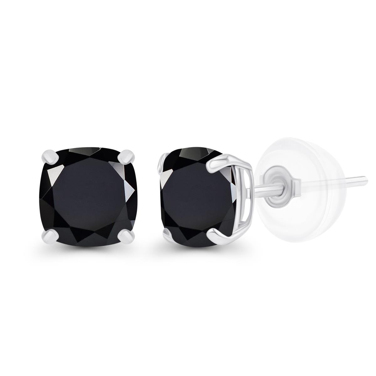 Sterling Silver Rhodium 5mm Cushion Onyx Basket Stud Earrings with Silicone Backs