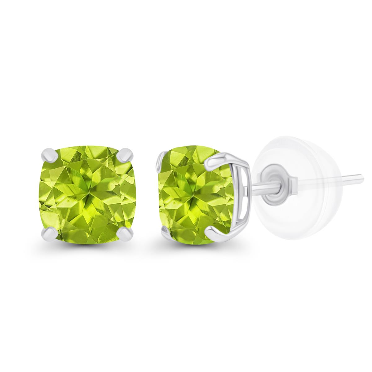Sterling Silver Rhodium 5mm Cushion Peridot Basket Stud Earrings with Silicone Backs