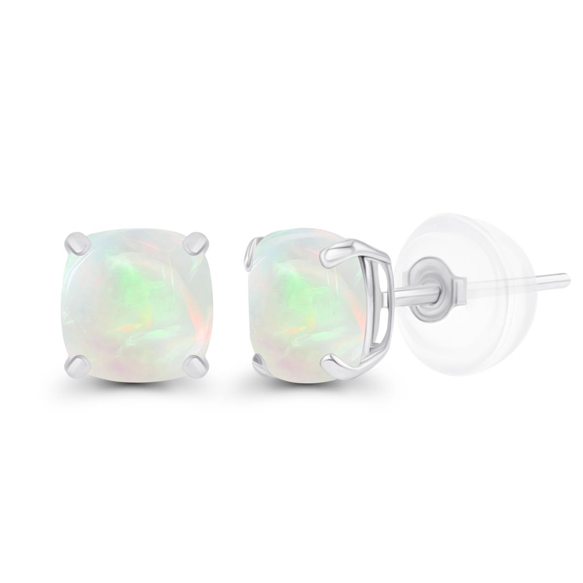 Sterling Silver Rhodium 5mm Cushion Opal Basket Stud Earrings with Silicone Backs