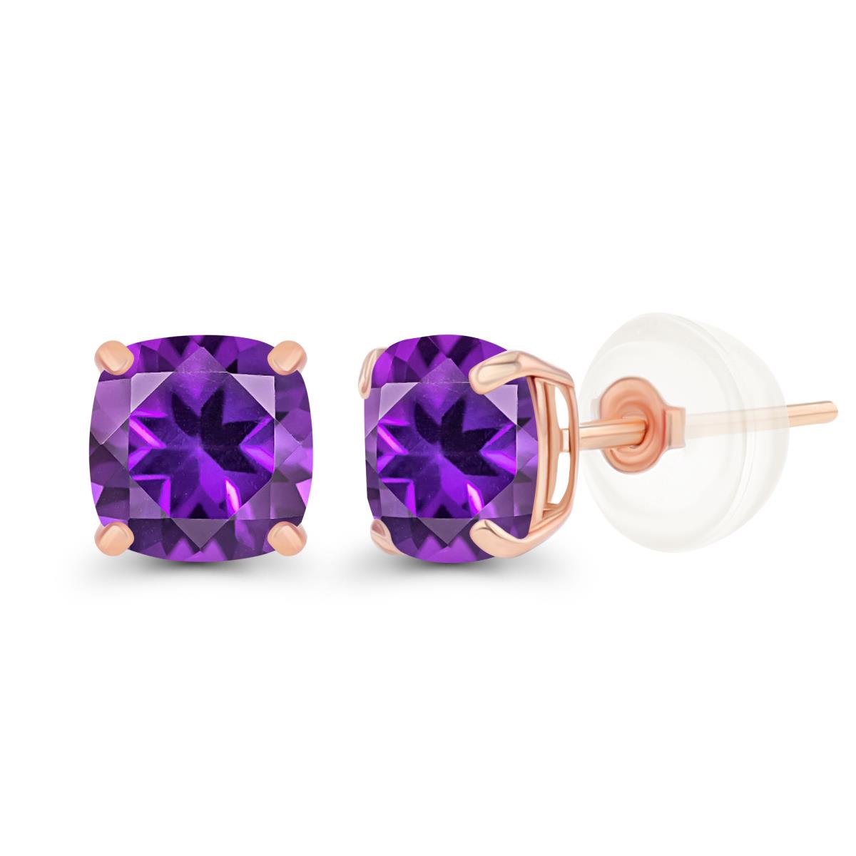 Sterling Silver Rose 5mm Cushion Amethyst Basket Stud Earrings with Silicone Backs