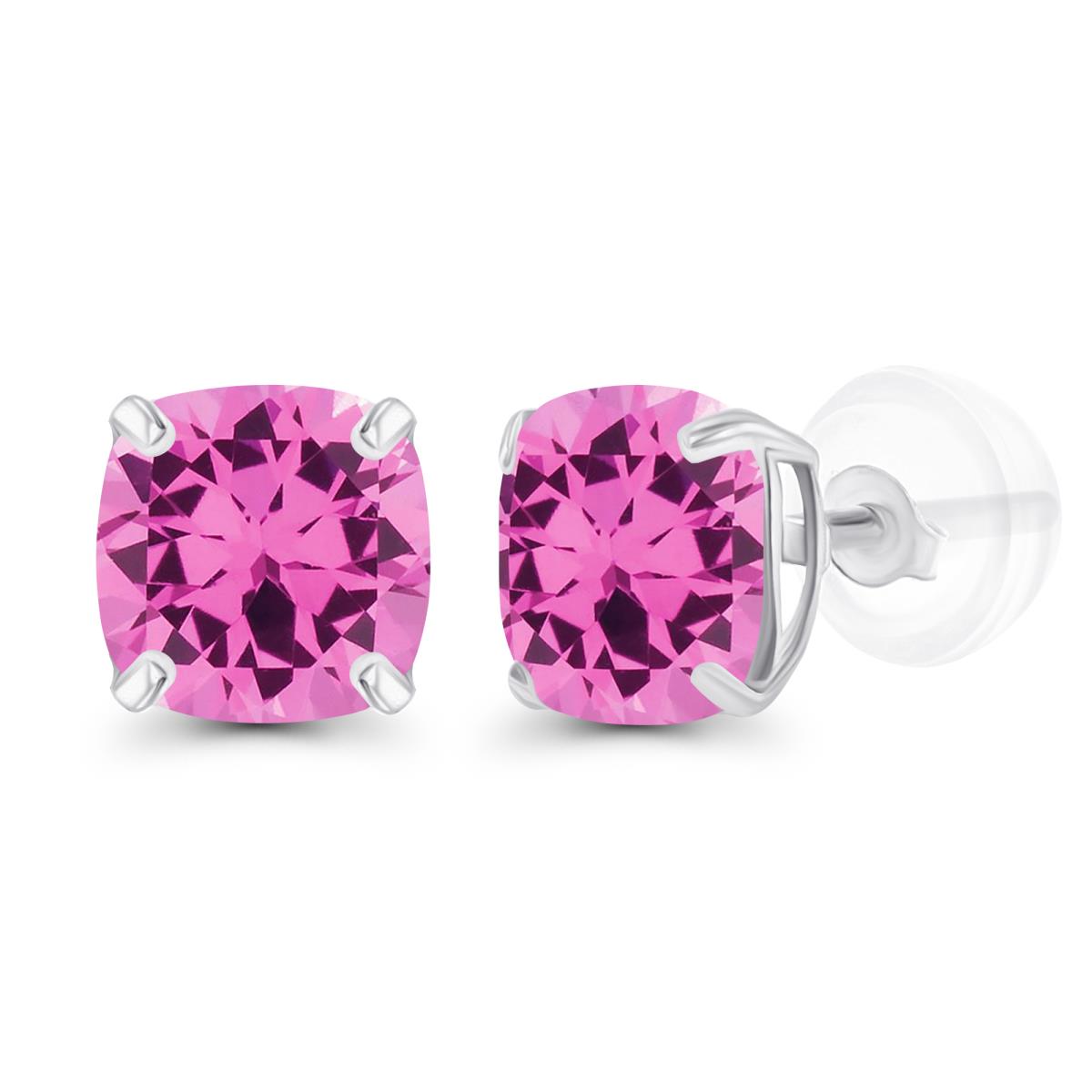 Sterling Silver Rhodium 6mm Cushion Created Pink Sapphire Basket Stud Earrings