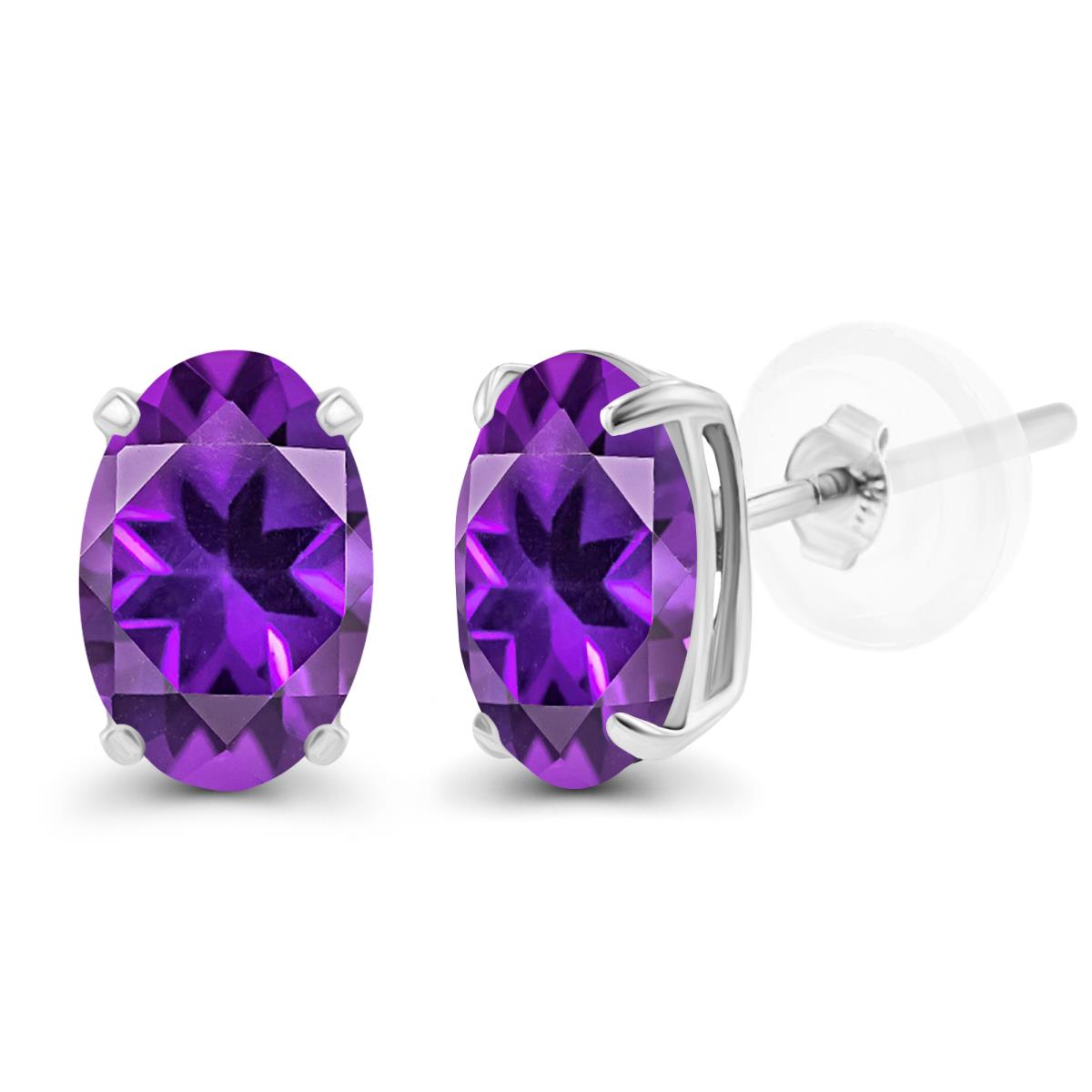 Sterling Silver Rhodium 5x3mm Oval Amethyst Basket Stud Earrings with Silicone Backs