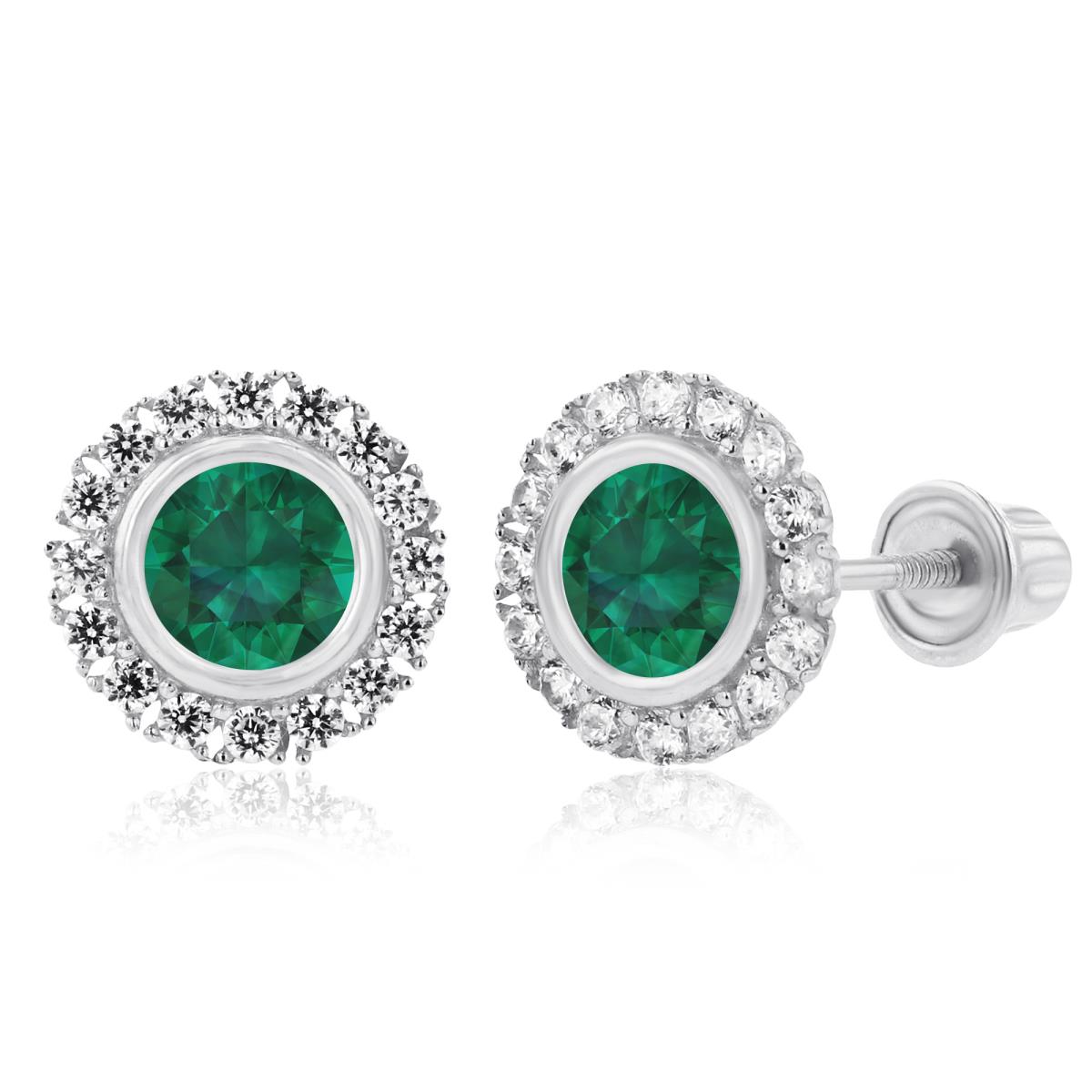 14K White Gold 4mm Created Emerald Bezel & 1mm Created White Sapphire Halo Screwback Earrings