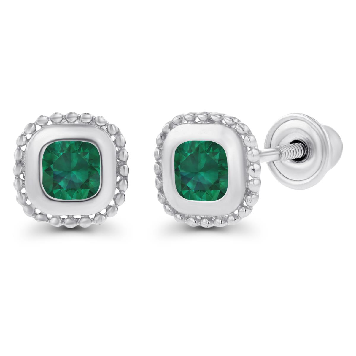 14K White Gold 3mm Created Emerald Bezel Milgrain Cushion Screwback Earrings
