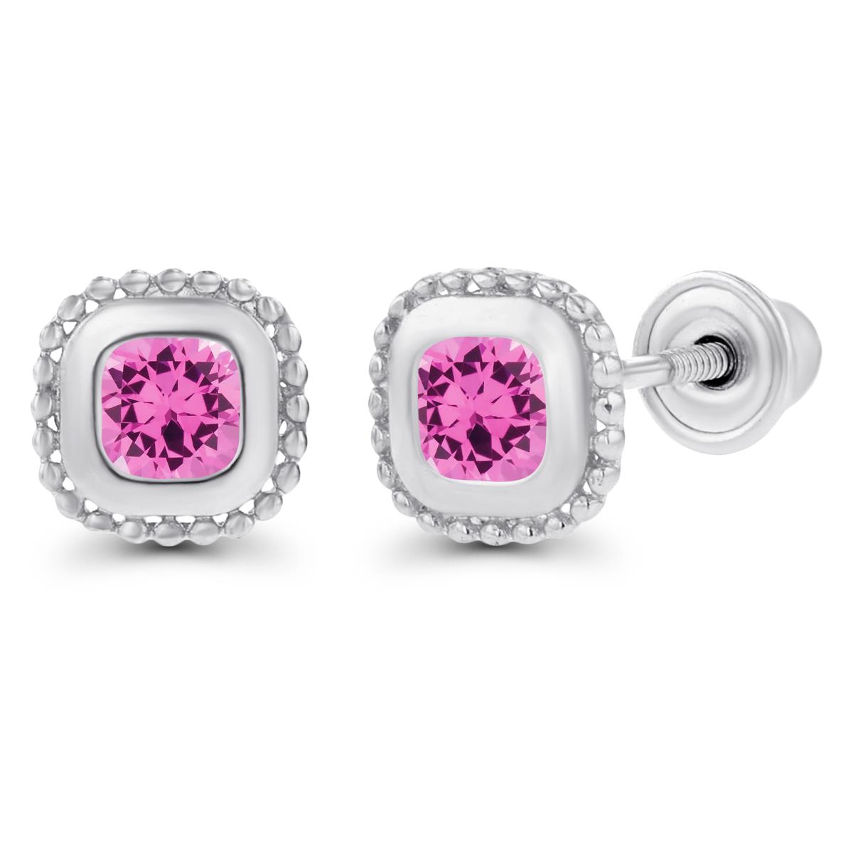 14K White Gold 3mm Created Pink Sapphire Bezel Milgrain Cushion Screwback Earrings