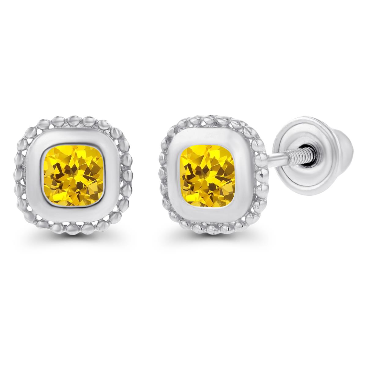 14K White Gold 3mm Created Yellow Sapphire Bezel Milgrain Cushion Screwback Earrings