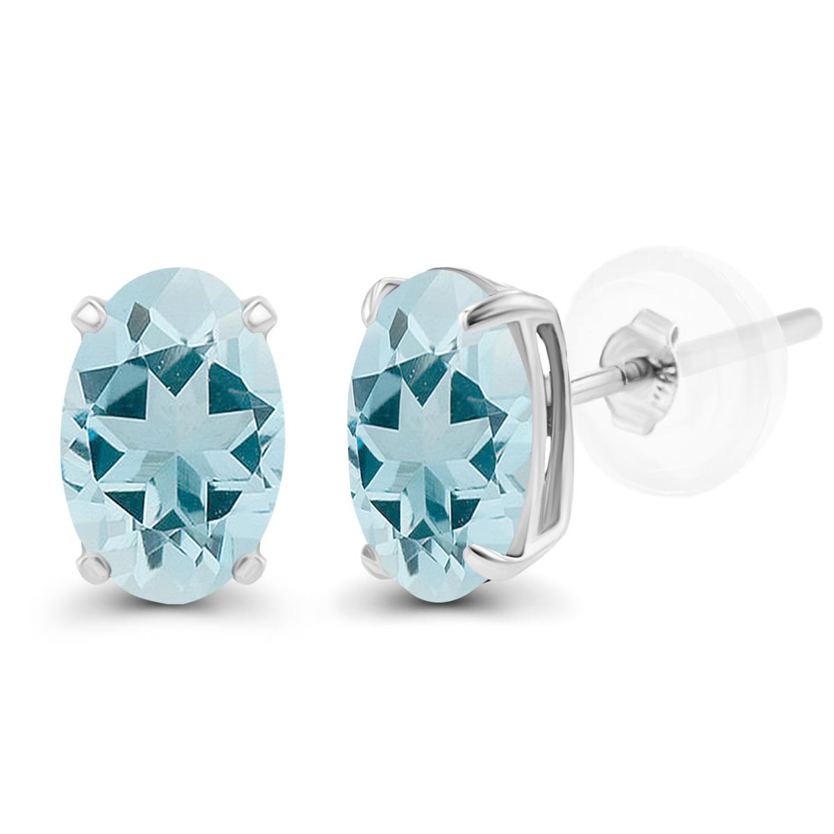 Sterling Silver Rhodium 5x3mm Oval Aquamarine Basket Stud Earrings with Silicone Backs