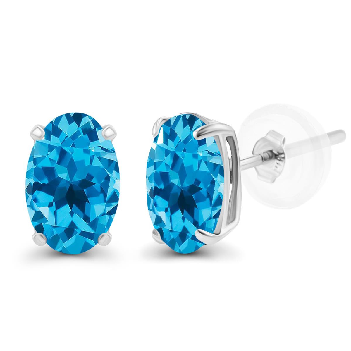 Sterling Silver Rhodium 5x3mm Oval Swiss Blue Topaz Basket Stud Earrings with Silicone Backs