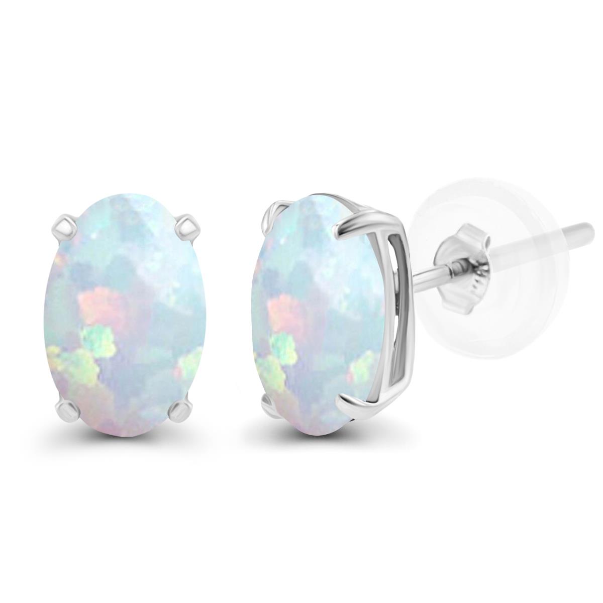 Sterling Silver Rhodium 5x3mm Oval Created Opal Basket Stud Earrings with Silicone Backs