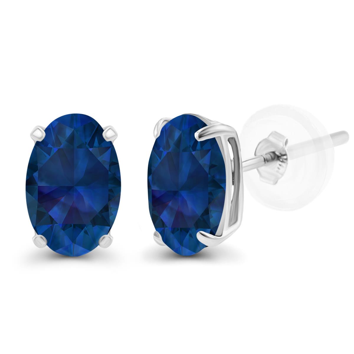Sterling Silver Rhodium 5x3mm Oval Created Blue Sapphire Basket Stud Earrings with Silicone Backs