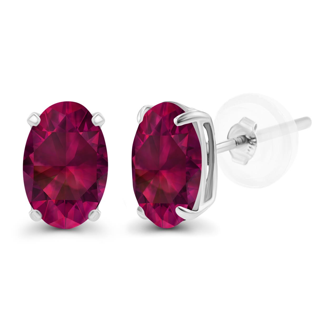 Sterling Silver Rhodium 5x3mm Oval Created Ruby Basket Stud Earrings with Silicone Backs