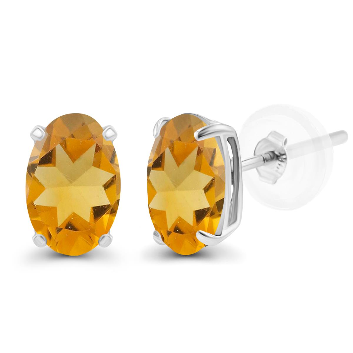 Sterling Silver Rhodium 5x3mm Oval Citrine Basket Stud Earrings with Silicone Backs