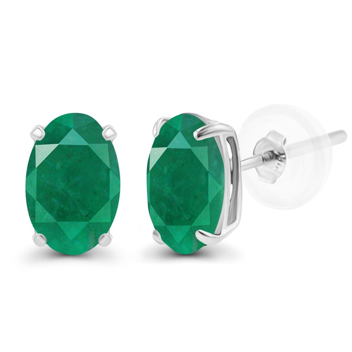 Sterling Silver Rhodium 5x3mm Oval Emerald Basket Stud Earrings with Silicone Backs