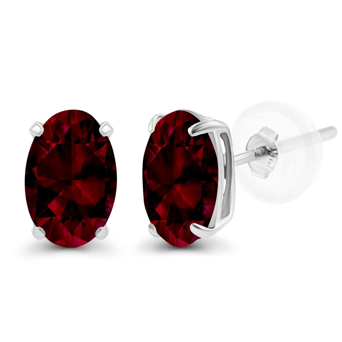 Sterling Silver Rhodium 5x3mm Oval Garnet Basket Stud Earrings with Silicone Backs