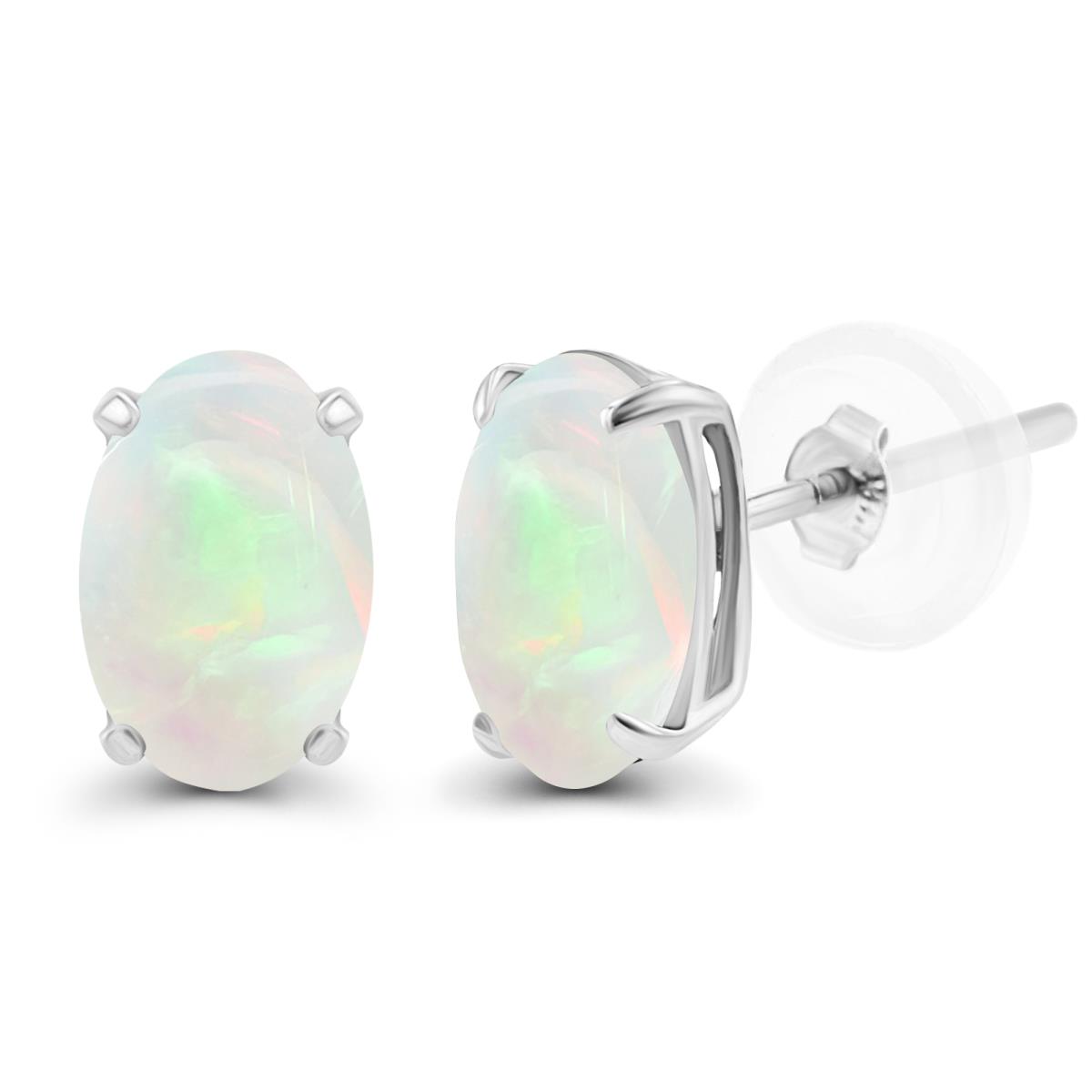 Sterling Silver Rhodium 5x3mm Oval Opal Basket Stud Earrings with Silicone Backs