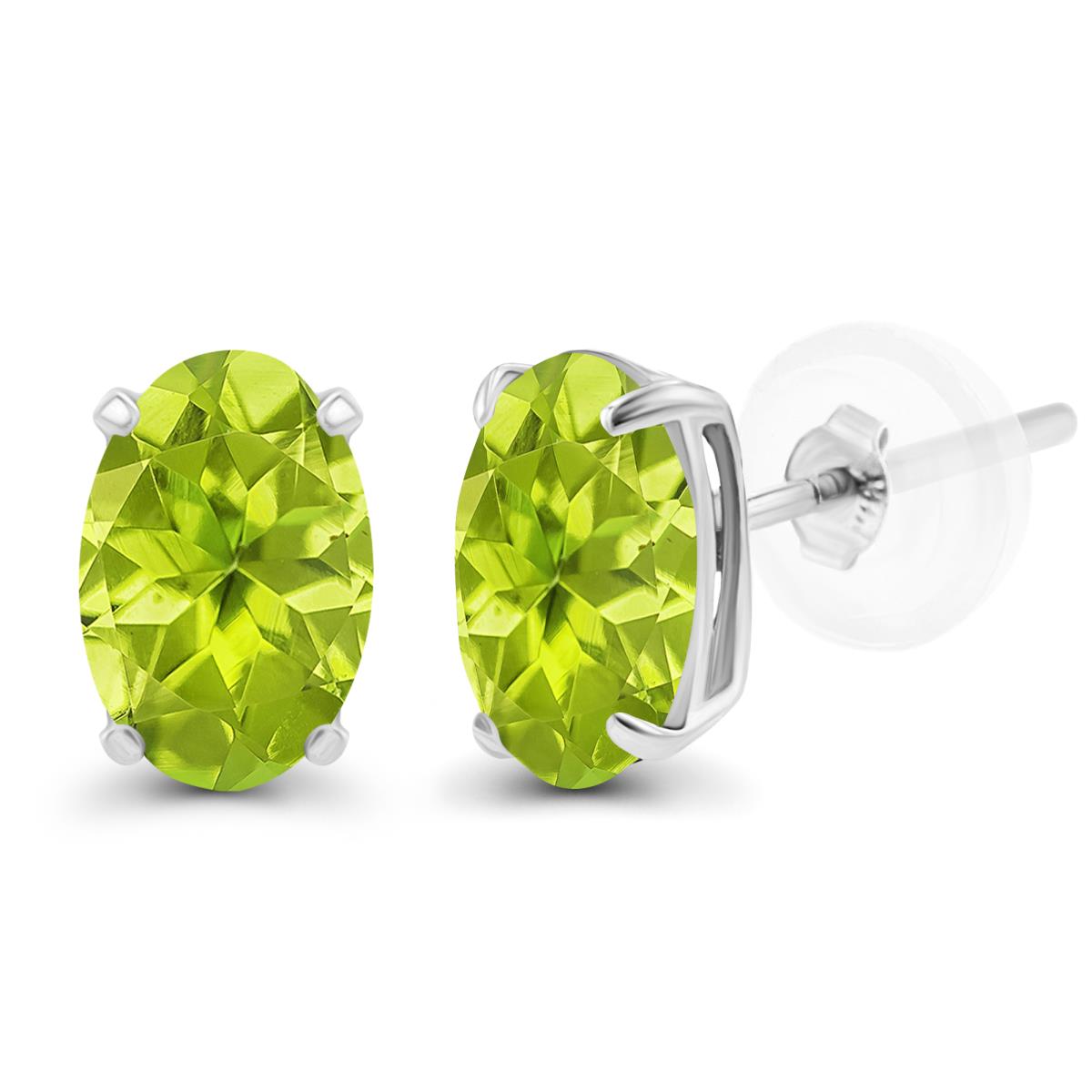 Sterling Silver Rhodium 5x3mm Oval Peridot Basket Stud Earrings with Silicone Backs