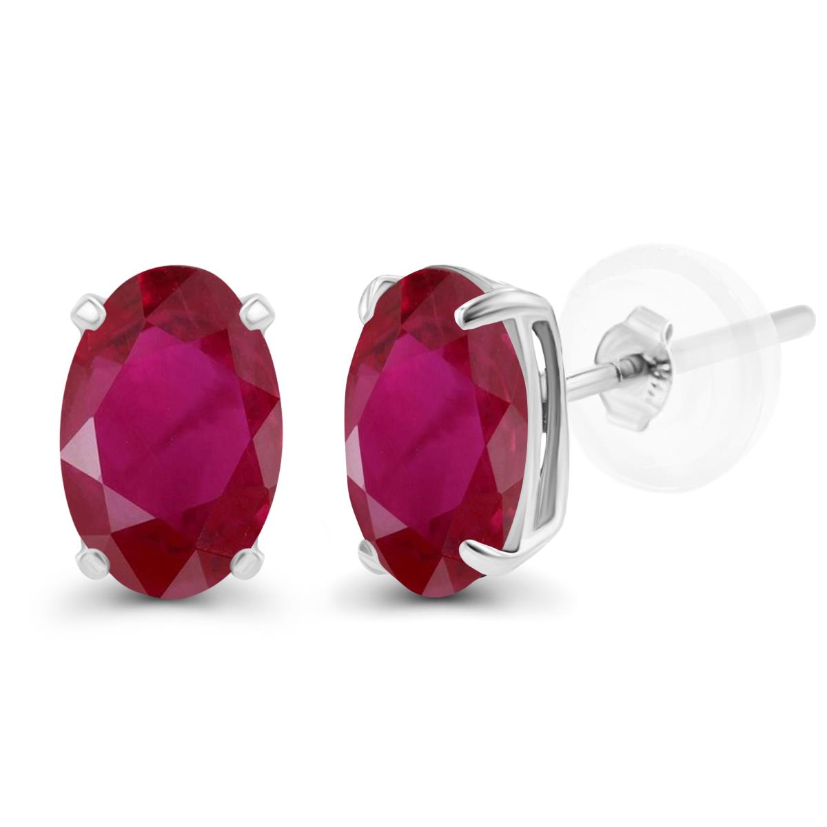 Sterling Silver Rhodium 5x3mm Oval Ruby Basket Stud Earrings with Silicone Backs