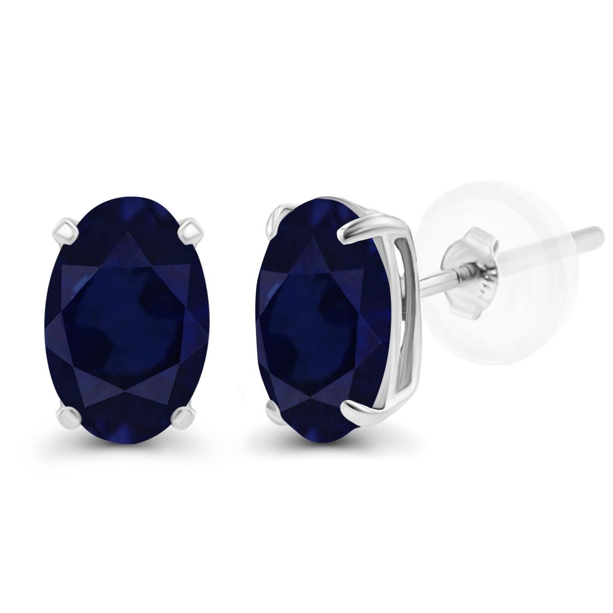 Sterling Silver Rhodium 5x3mm Oval Sapphire Basket Stud Earrings with Silicone Backs