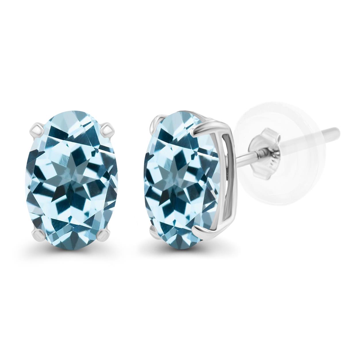 Sterling Silver Rhodium 5x3mm Oval Sky Blue Topaz Basket Stud Earrings with Silicone Backs