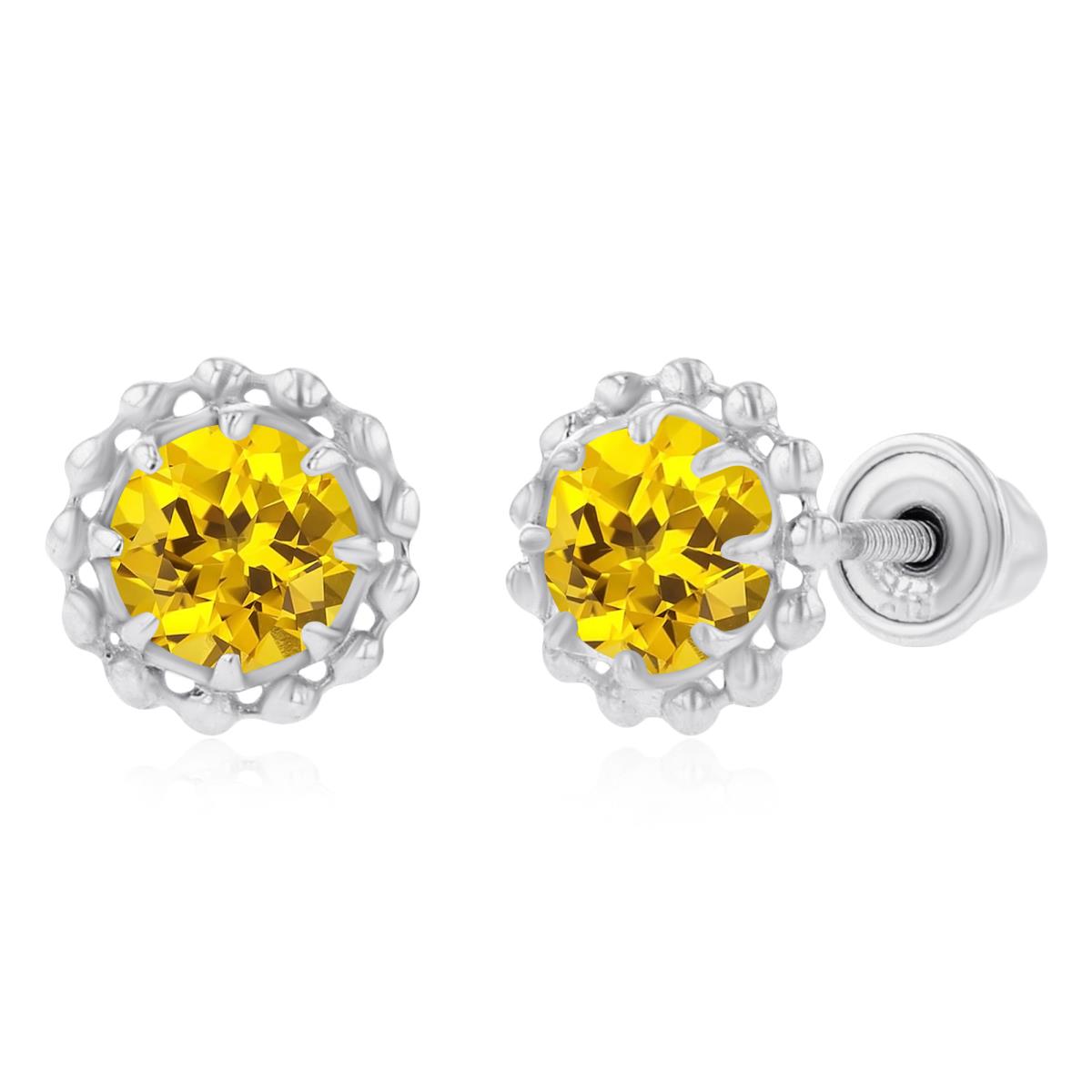 14K White Gold 4mm Round Created Yellow Sapphire Textured Halo Screwback Earrings